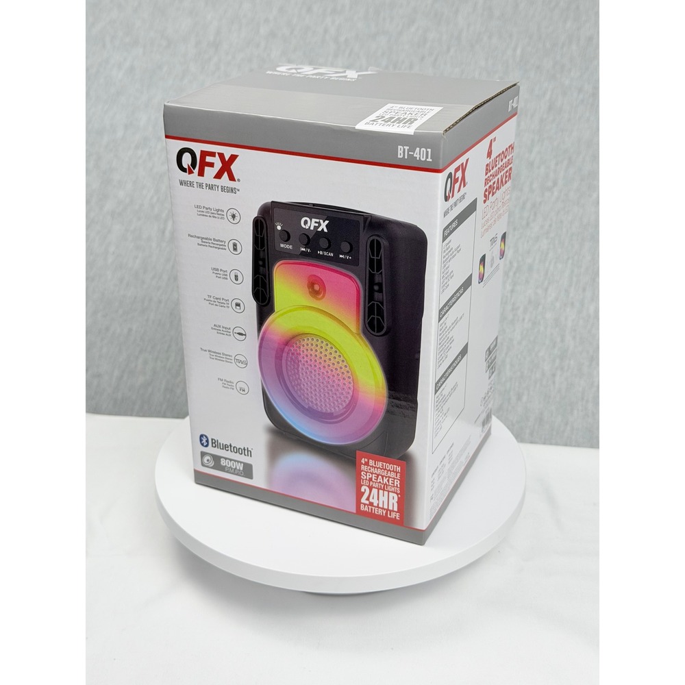 QFX BT-401 4 Inch Bluetooth Rechargeable Speaker LED Party Lights 800W PMPO FM